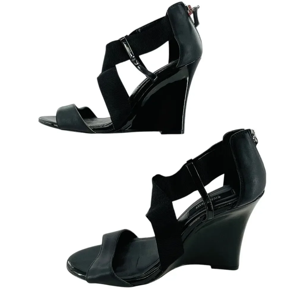 WHBM Black Leather Strappy Career Chic Zip Back Elastic Ankle Wedge Heel 9.5
